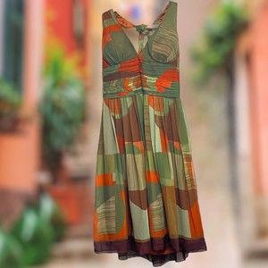 Ladies Cache Brown Olive Orange Greek Cocktail Halter Silk Chiffon Dress sz 6